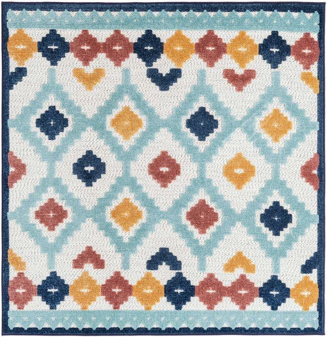Ivory 5' 3 x 5' 3 Belize Outdoor Square Area Rug Weather Resistant for Patio, Deck, Terrace, Balcony, Porch 100% Polypropylene Colorful Fun Coastal Modern Carpet for Outside for Sale at Rug Engine