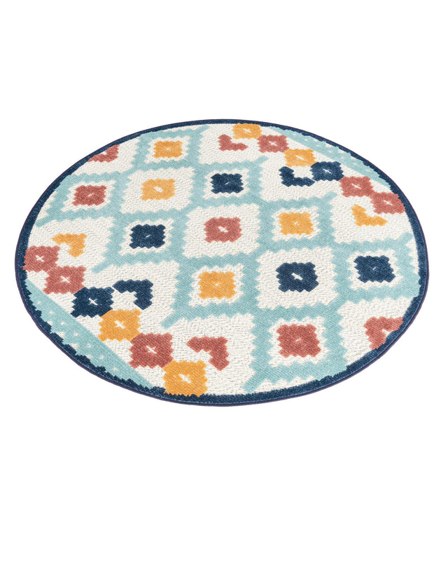 Ivory 5' 3 x 5' 3 Belize Outdoor Round Area Rug Weather Resistant for Patio, Deck, Terrace, Balcony, Porch 100% Polypropylene Colorful Fun Coastal Modern Carpet for Outside for Sale at Rug Engine