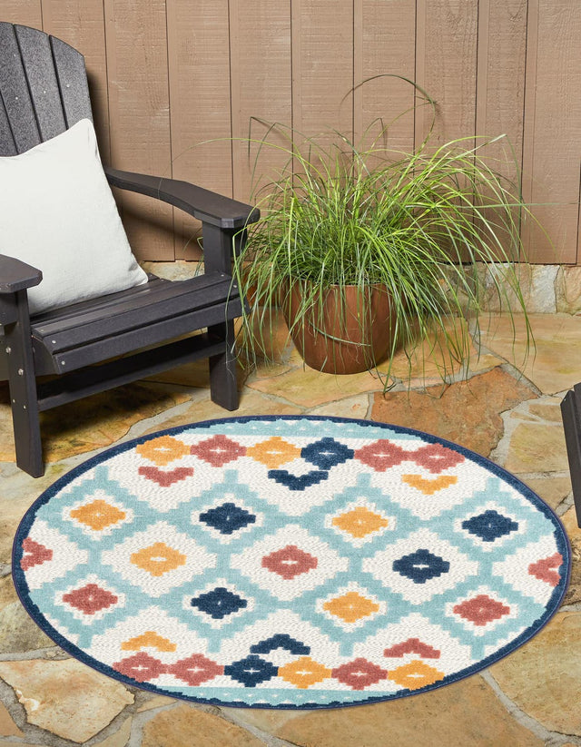 Ivory 5' 3 x 5' 3 Belize Outdoor Round Area Rug Weather Resistant for Patio, Deck, Terrace, Balcony, Porch 100% Polypropylene Colorful Fun Coastal Modern Carpet for Outside for Sale at Rug Engine