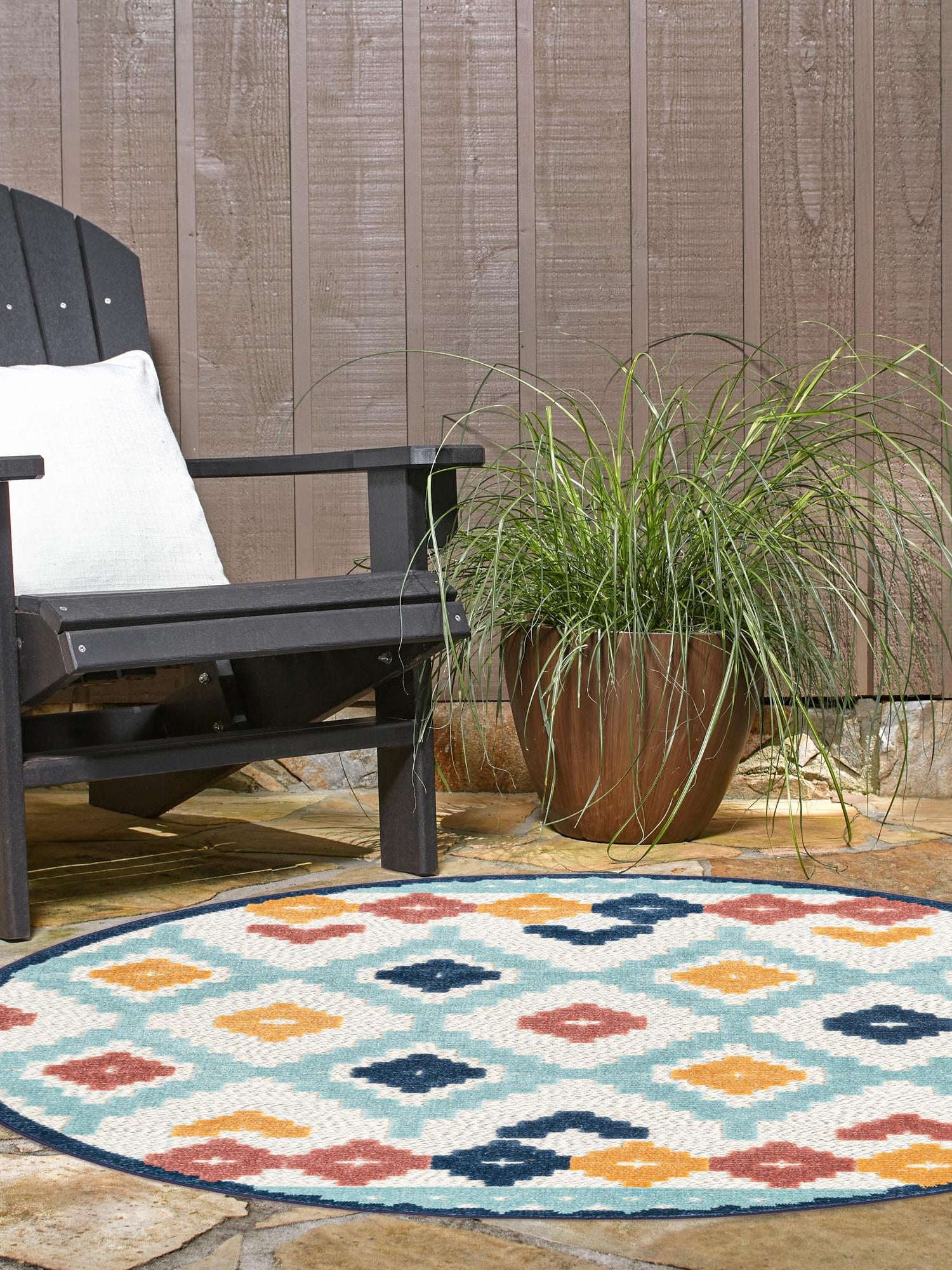 Ivory 3' 3 x 3' 3 Belize Outdoor Round Area Rug Weather Resistant for Patio, Deck, Terrace, Balcony, Porch 100% Polypropylene Colorful Fun Coastal Modern Carpet for Outside for Sale at Rug Engine