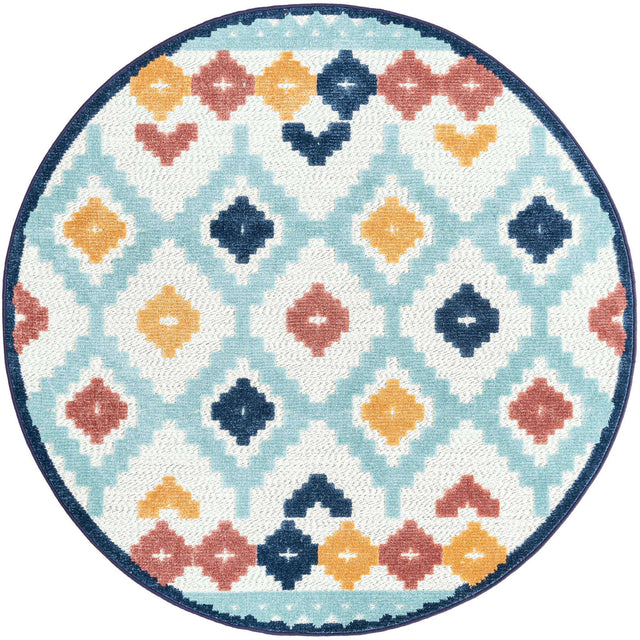 Ivory 5' 3 x 5' 3 Belize Outdoor Round Area Rug Weather Resistant for Patio, Deck, Terrace, Balcony, Porch 100% Polypropylene Colorful Fun Coastal Modern Carpet for Outside for Sale at Rug Engine