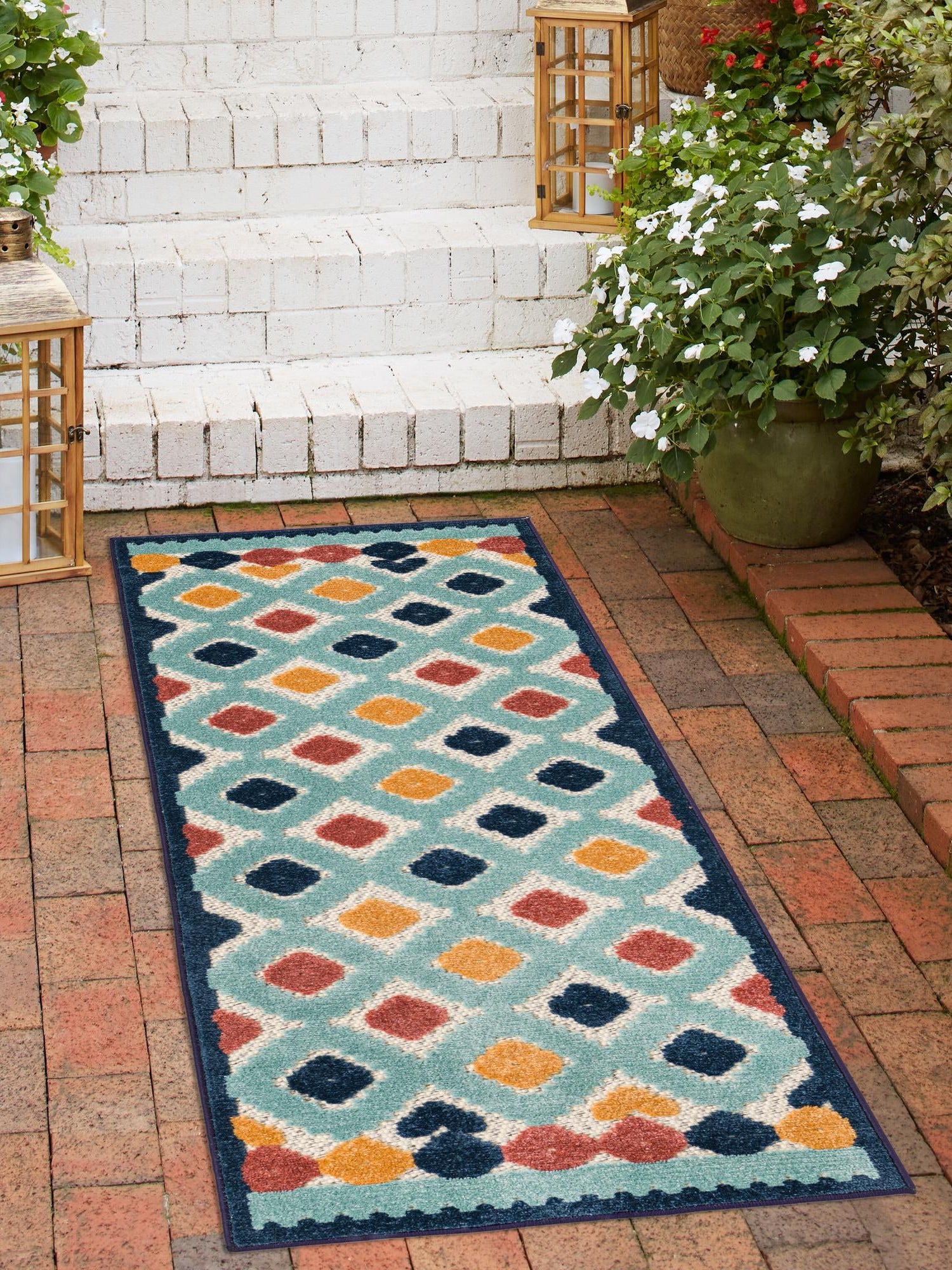 Ivory 2' x 10' Belize Outdoor Runner Area Rug Weather Resistant for Patio, Deck, Terrace, Balcony, Porch 100% Polypropylene Colorful Fun Coastal Modern Carpet for Outside for Sale at Rug Engine