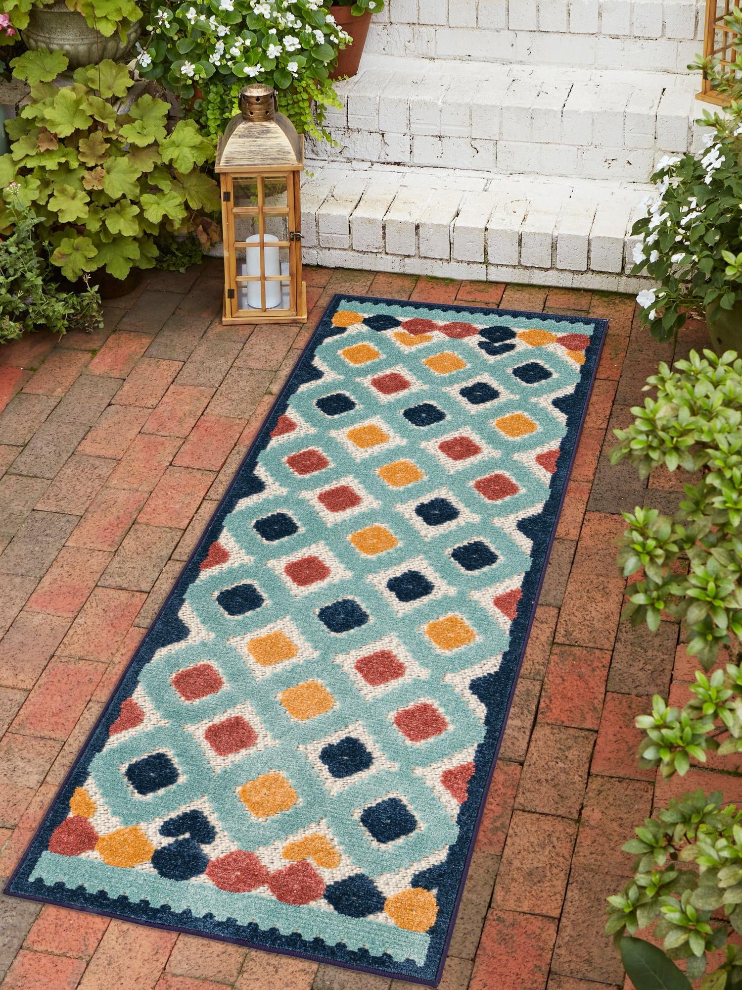 Ivory 2' x 10' Belize Outdoor Runner Area Rug Weather Resistant for Patio, Deck, Terrace, Balcony, Porch 100% Polypropylene Colorful Fun Coastal Modern Carpet for Outside for Sale at Rug Engine