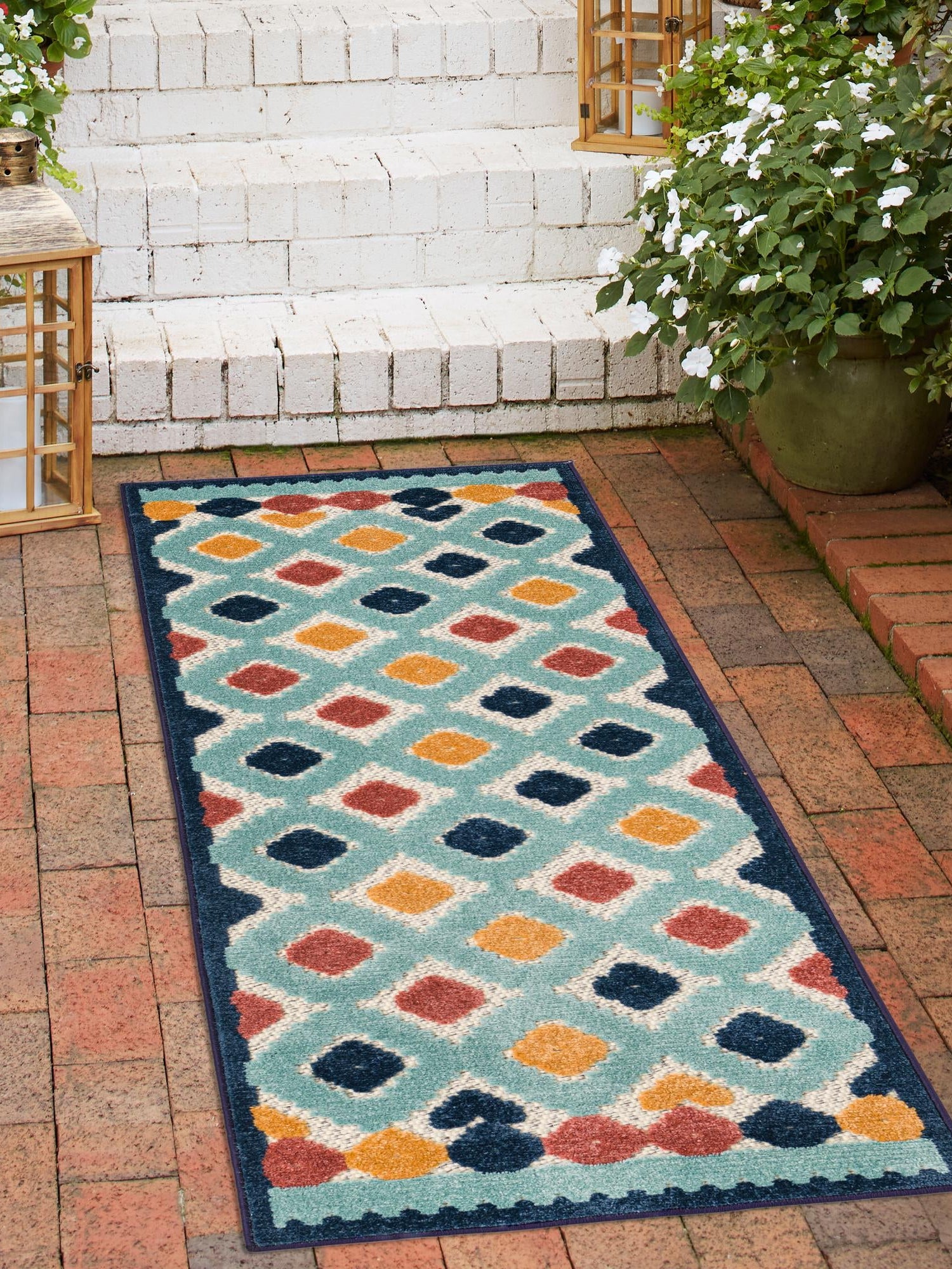 Ivory 2' x 8' Belize Outdoor Runner Area Rug Weather Resistant for Patio, Deck, Terrace, Balcony, Porch 100% Polypropylene Colorful Fun Coastal Modern Carpet for Outside for Sale at Rug Engine