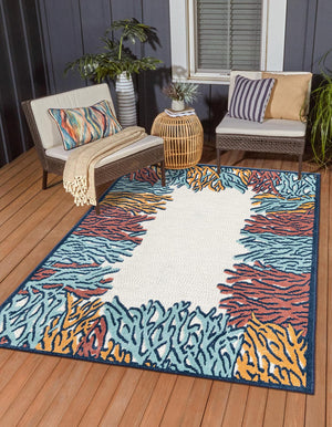 Multicolor 7' 10 x 10' Belize Outdoor Rectangle Area Rug Weather Resistant for Patio, Deck, Terrace, Balcony, Porch 100% Polypropylene Colorful Fun Coastal Modern Carpet for Outside for Sale at Rug Engine