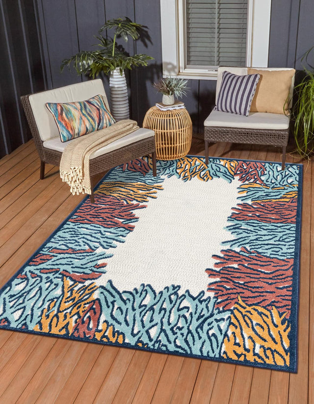 Multicolor 7' 10 x 10' Belize Outdoor Rectangle Area Rug Weather Resistant for Patio, Deck, Terrace, Balcony, Porch 100% Polypropylene Colorful Fun Coastal Modern Carpet for Outside for Sale at Rug Engine
