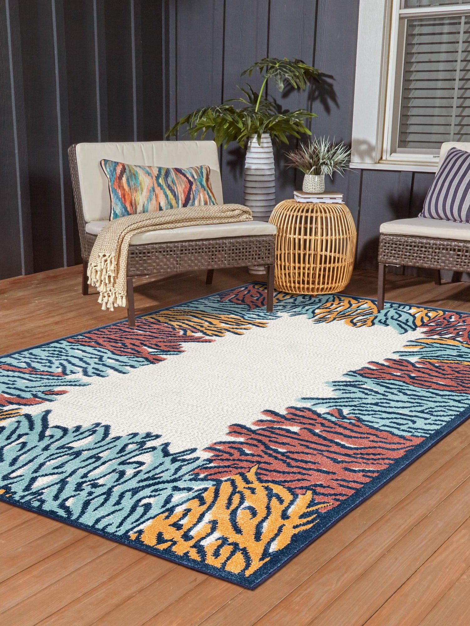 Multicolor 5' 3 x 8' Belize Outdoor Rectangle Area Rug Weather Resistant for Patio, Deck, Terrace, Balcony, Porch 100% Polypropylene Colorful Fun Coastal Modern Carpet for Outside for Sale at Rug Engine
