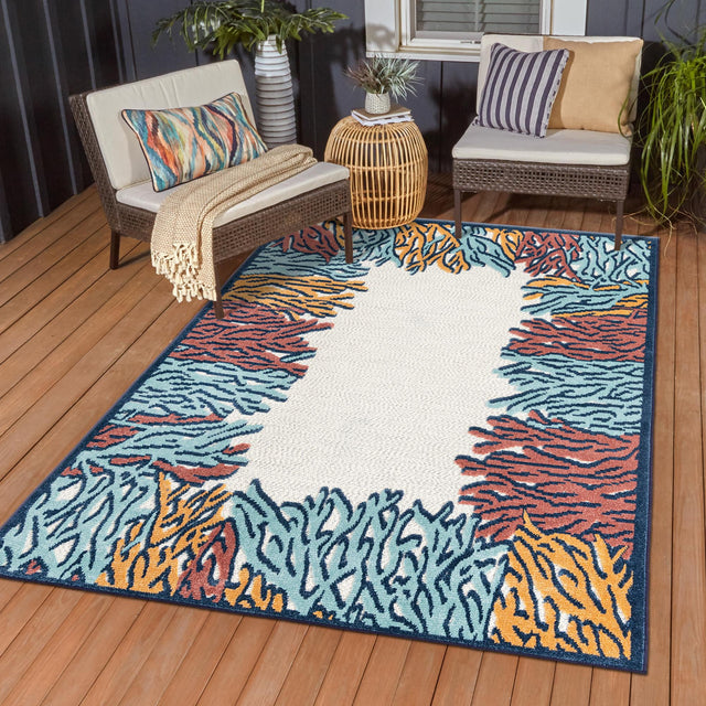 Multicolor 5' 3 x 8' Belize Outdoor Rectangle Area Rug Weather Resistant for Patio, Deck, Terrace, Balcony, Porch 100% Polypropylene Colorful Fun Coastal Modern Carpet for Outside for Sale at Rug Engine