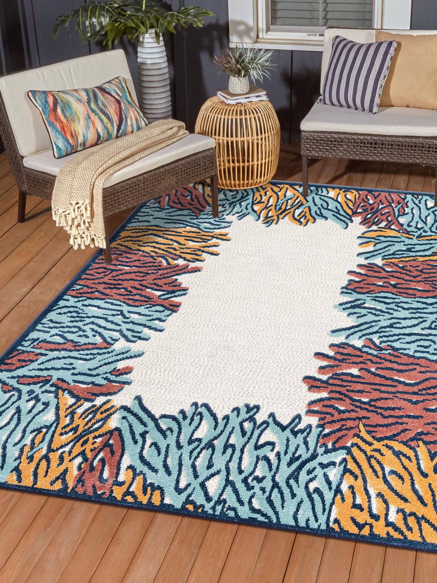Multicolor 6' x 9' Belize Outdoor Rectangle Area Rug Weather Resistant for Patio, Deck, Terrace, Balcony, Porch 100% Polypropylene Colorful Fun Coastal Modern Carpet for Outside for Sale at Rug Engine