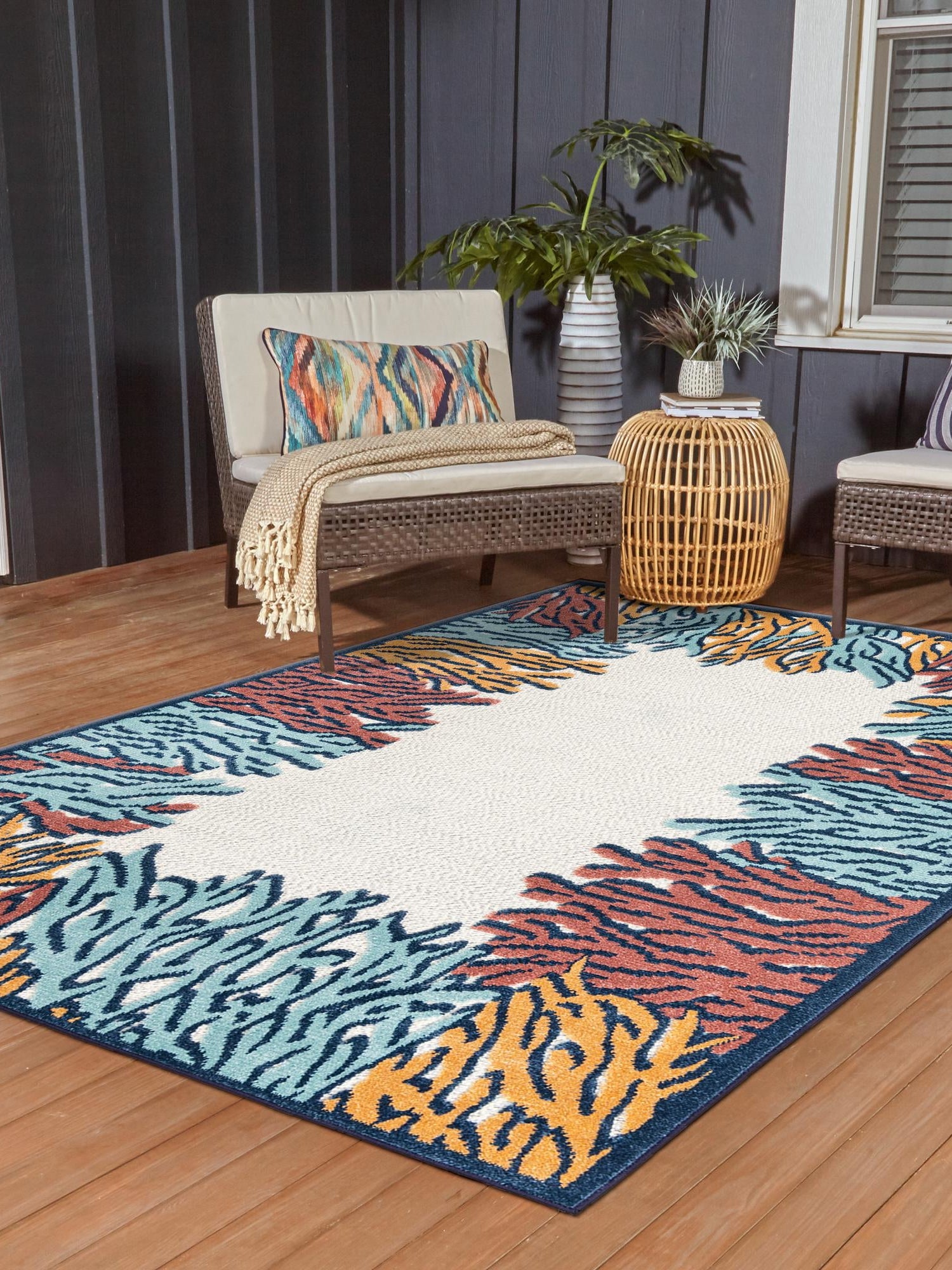 Multicolor 5' 3 x 8' Belize Outdoor Rectangle Area Rug Weather Resistant for Patio, Deck, Terrace, Balcony, Porch 100% Polypropylene Colorful Fun Coastal Modern Carpet for Outside for Sale at Rug Engine