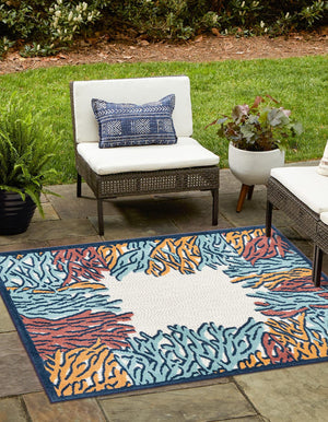 Multicolor 7' 10 x 7' 10 Belize Outdoor Square Area Rug Weather Resistant for Patio, Deck, Terrace, Balcony, Porch 100% Polypropylene Colorful Fun Coastal Modern Carpet for Outside for Sale at Rug Engine