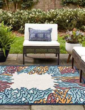 Multicolor 5' 3 x 5' 3 Belize Outdoor Square Area Rug Weather Resistant for Patio, Deck, Terrace, Balcony, Porch 100% Polypropylene Colorful Fun Coastal Modern Carpet for Outside for Sale at Rug Engine