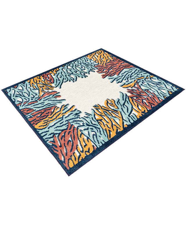 Multicolor 5' 3 x 5' 3 Belize Outdoor Square Area Rug Weather Resistant for Patio, Deck, Terrace, Balcony, Porch 100% Polypropylene Colorful Fun Coastal Modern Carpet for Outside for Sale at Rug Engine