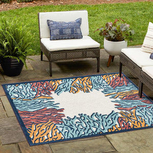 Multicolor 7' 10 x 7' 10 Belize Outdoor Square Area Rug Weather Resistant for Patio, Deck, Terrace, Balcony, Porch 100% Polypropylene Colorful Fun Coastal Modern Carpet for Outside for Sale at Rug Engine