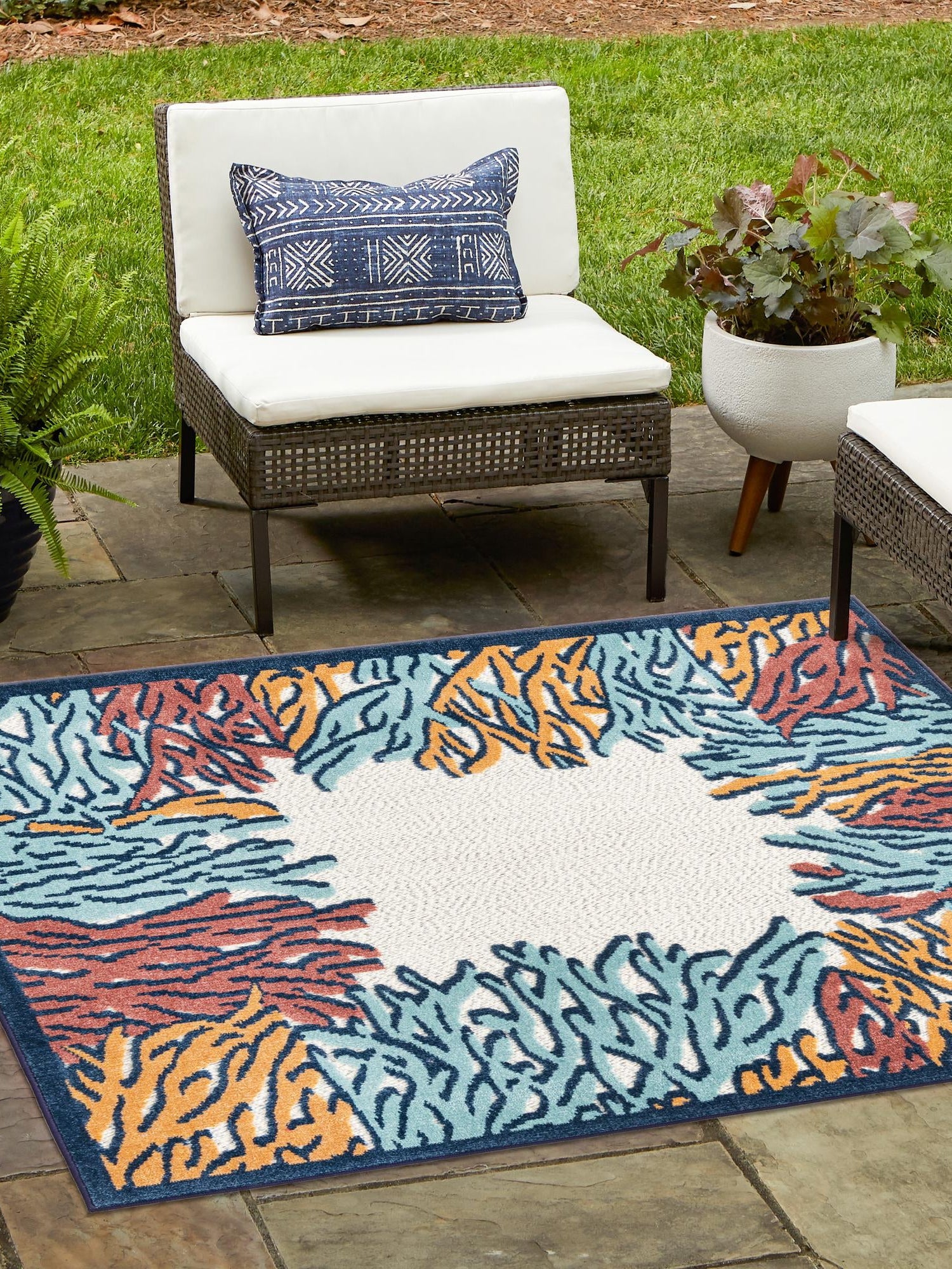 Multicolor 5' 3 x 5' 3 Belize Outdoor Square Area Rug Weather Resistant for Patio, Deck, Terrace, Balcony, Porch 100% Polypropylene Colorful Fun Coastal Modern Carpet for Outside for Sale at Rug Engine