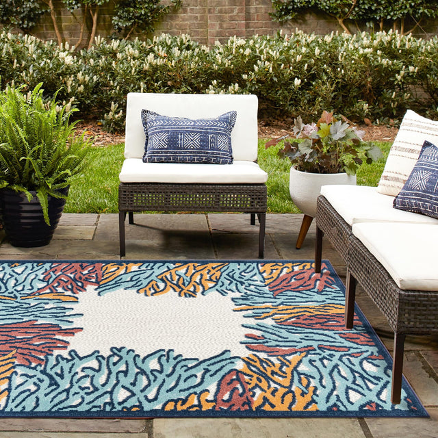 Multicolor 5' 3 x 5' 3 Belize Outdoor Square Area Rug Weather Resistant for Patio, Deck, Terrace, Balcony, Porch 100% Polypropylene Colorful Fun Coastal Modern Carpet for Outside for Sale at Rug Engine