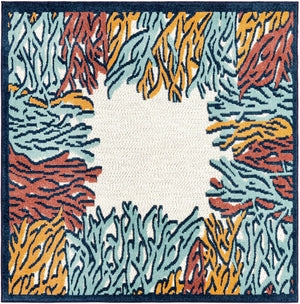 Multicolor 5' 3 x 5' 3 Belize Outdoor Square Area Rug Weather Resistant for Patio, Deck, Terrace, Balcony, Porch 100% Polypropylene Colorful Fun Coastal Modern Carpet for Outside for Sale at Rug Engine