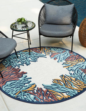 Multicolor 5' 3 x 5' 3 Belize Outdoor Round Area Rug Weather Resistant for Patio, Deck, Terrace, Balcony, Porch 100% Polypropylene Colorful Fun Coastal Modern Carpet for Outside for Sale at Rug Engine