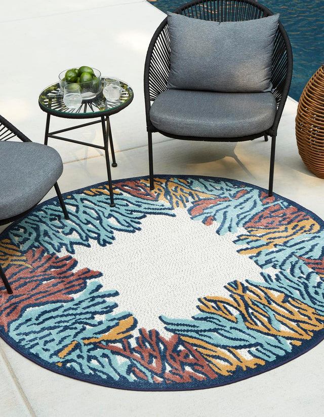 Multicolor 5' 3 x 5' 3 Belize Outdoor Round Area Rug Weather Resistant for Patio, Deck, Terrace, Balcony, Porch 100% Polypropylene Colorful Fun Coastal Modern Carpet for Outside for Sale at Rug Engine