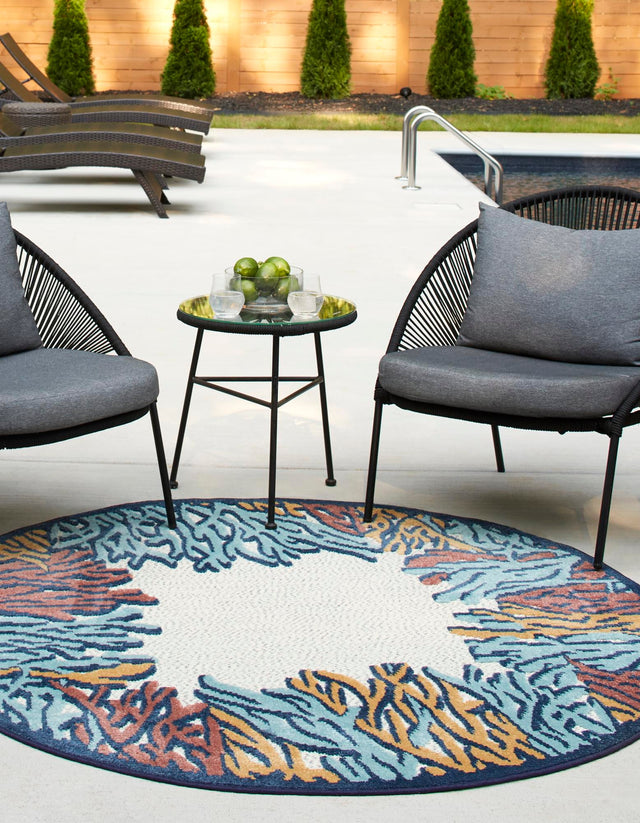 Multicolor 5' 3 x 5' 3 Belize Outdoor Round Area Rug Weather Resistant for Patio, Deck, Terrace, Balcony, Porch 100% Polypropylene Colorful Fun Coastal Modern Carpet for Outside for Sale at Rug Engine
