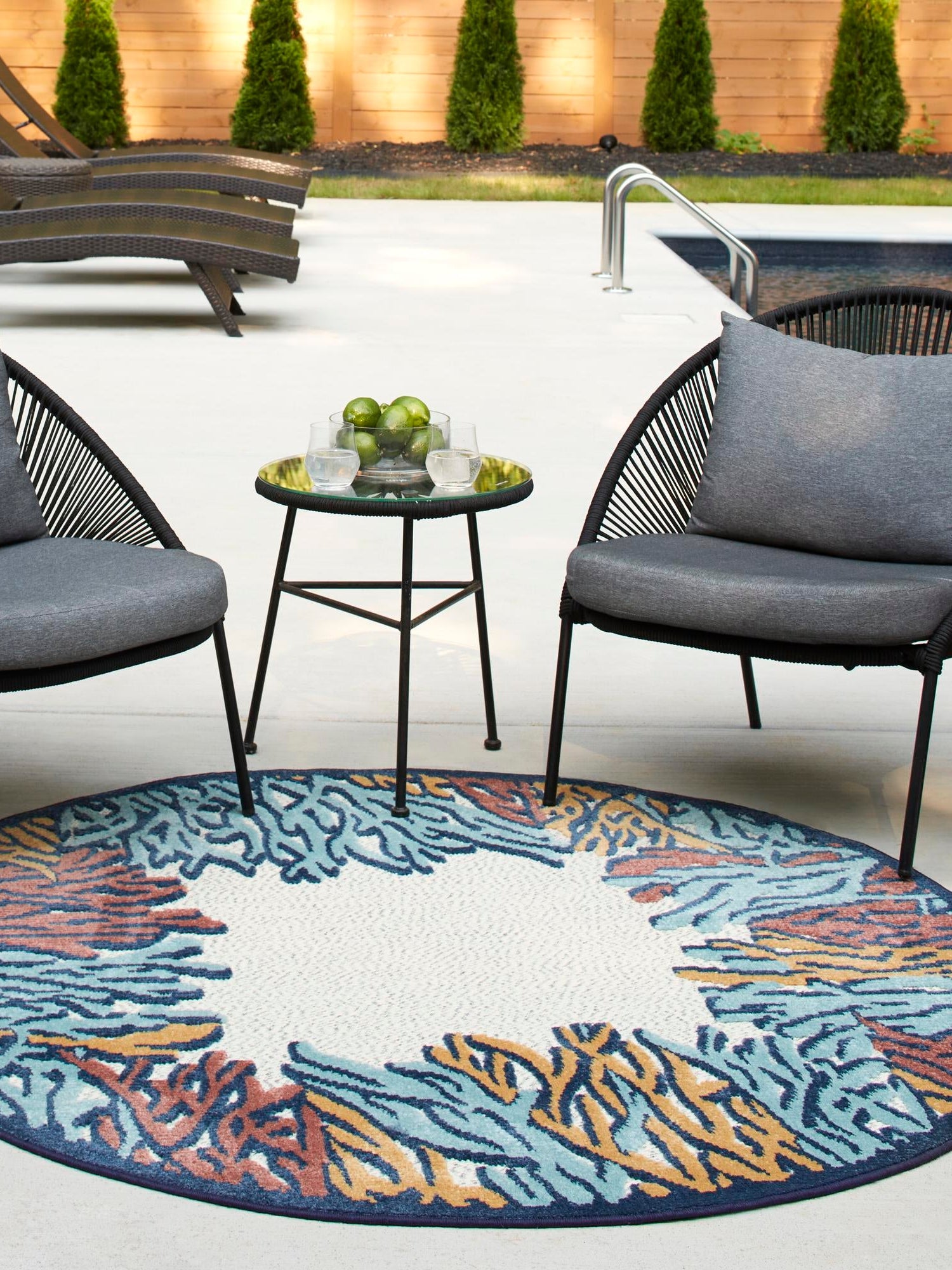 Multicolor 3' 3 x 3' 3 Belize Outdoor Round Area Rug Weather Resistant for Patio, Deck, Terrace, Balcony, Porch 100% Polypropylene Colorful Fun Coastal Modern Carpet for Outside for Sale at Rug Engine