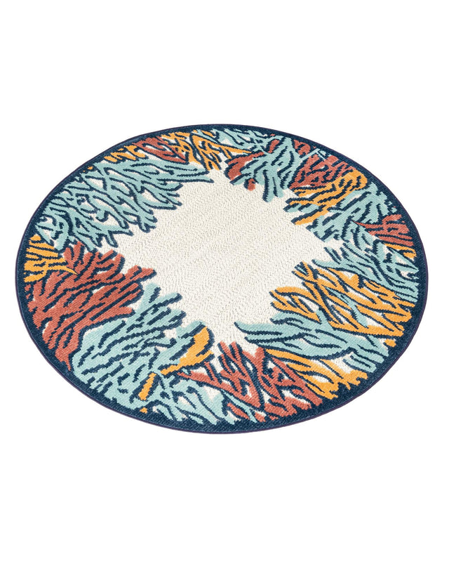 Multicolor 5' 3 x 5' 3 Belize Outdoor Round Area Rug Weather Resistant for Patio, Deck, Terrace, Balcony, Porch 100% Polypropylene Colorful Fun Coastal Modern Carpet for Outside for Sale at Rug Engine