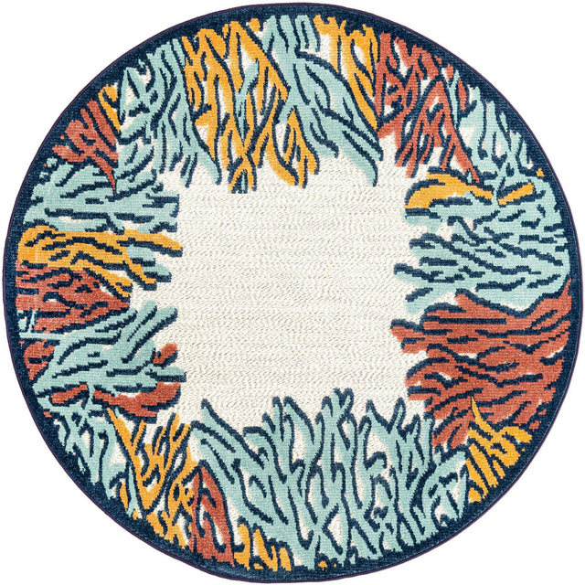 Multicolor 5' 3 x 5' 3 Belize Outdoor Round Area Rug Weather Resistant for Patio, Deck, Terrace, Balcony, Porch 100% Polypropylene Colorful Fun Coastal Modern Carpet for Outside for Sale at Rug Engine