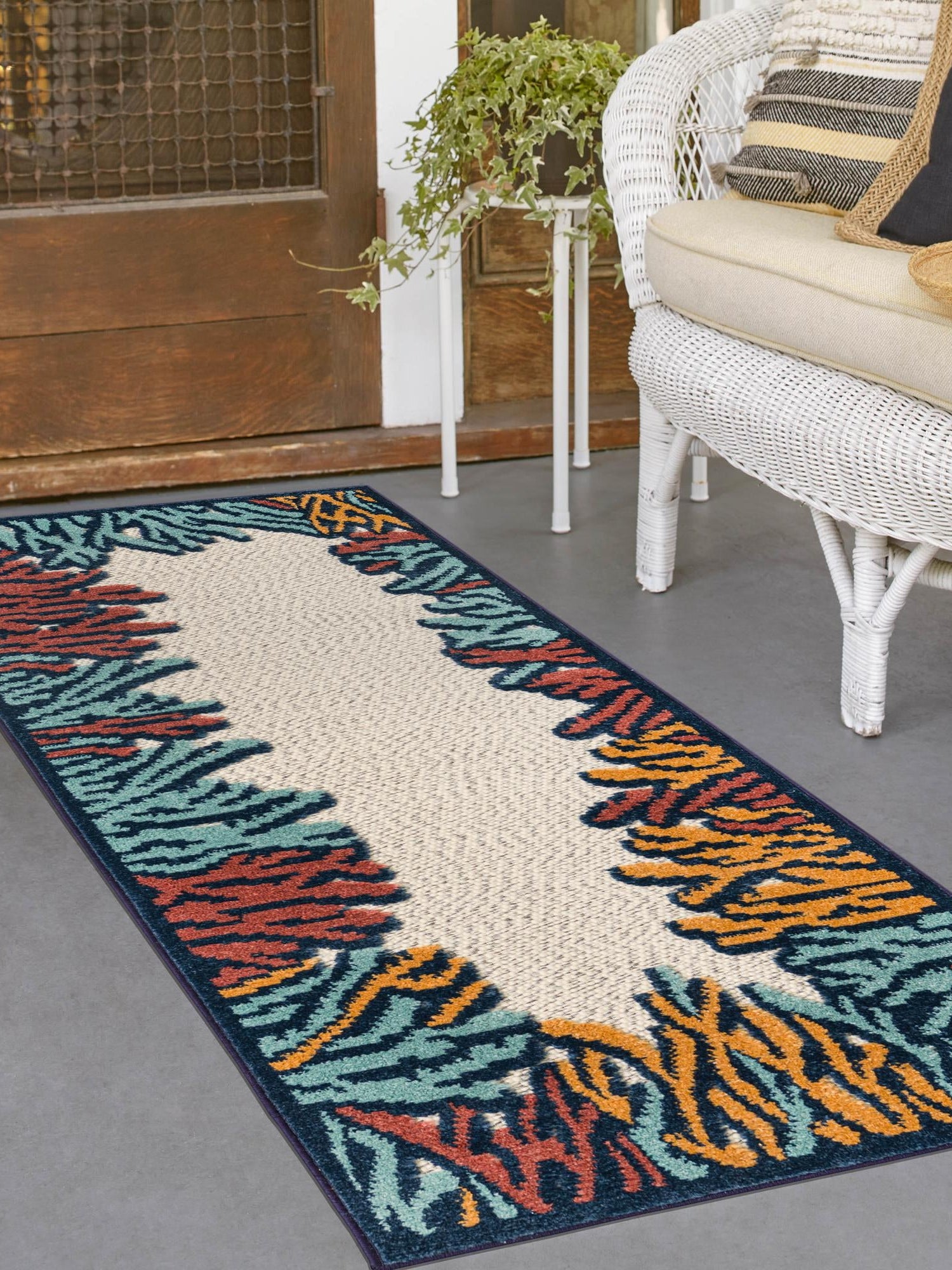 Multicolor 2' x 8' Belize Outdoor Runner Area Rug Weather Resistant for Patio, Deck, Terrace, Balcony, Porch 100% Polypropylene Colorful Fun Coastal Modern Carpet for Outside for Sale at Rug Engine