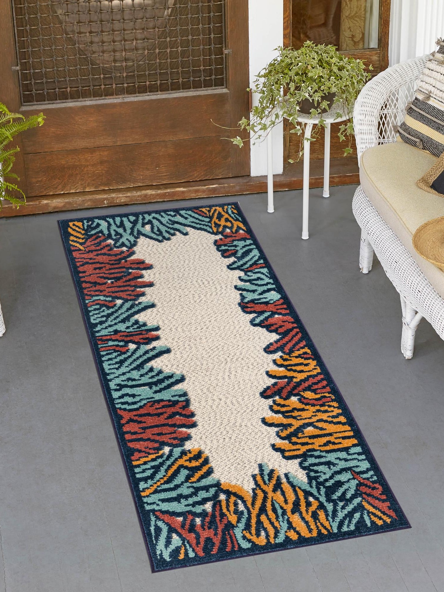 Multicolor 2' x 10' Belize Outdoor Runner Area Rug Weather Resistant for Patio, Deck, Terrace, Balcony, Porch 100% Polypropylene Colorful Fun Coastal Modern Carpet for Outside for Sale at Rug Engine