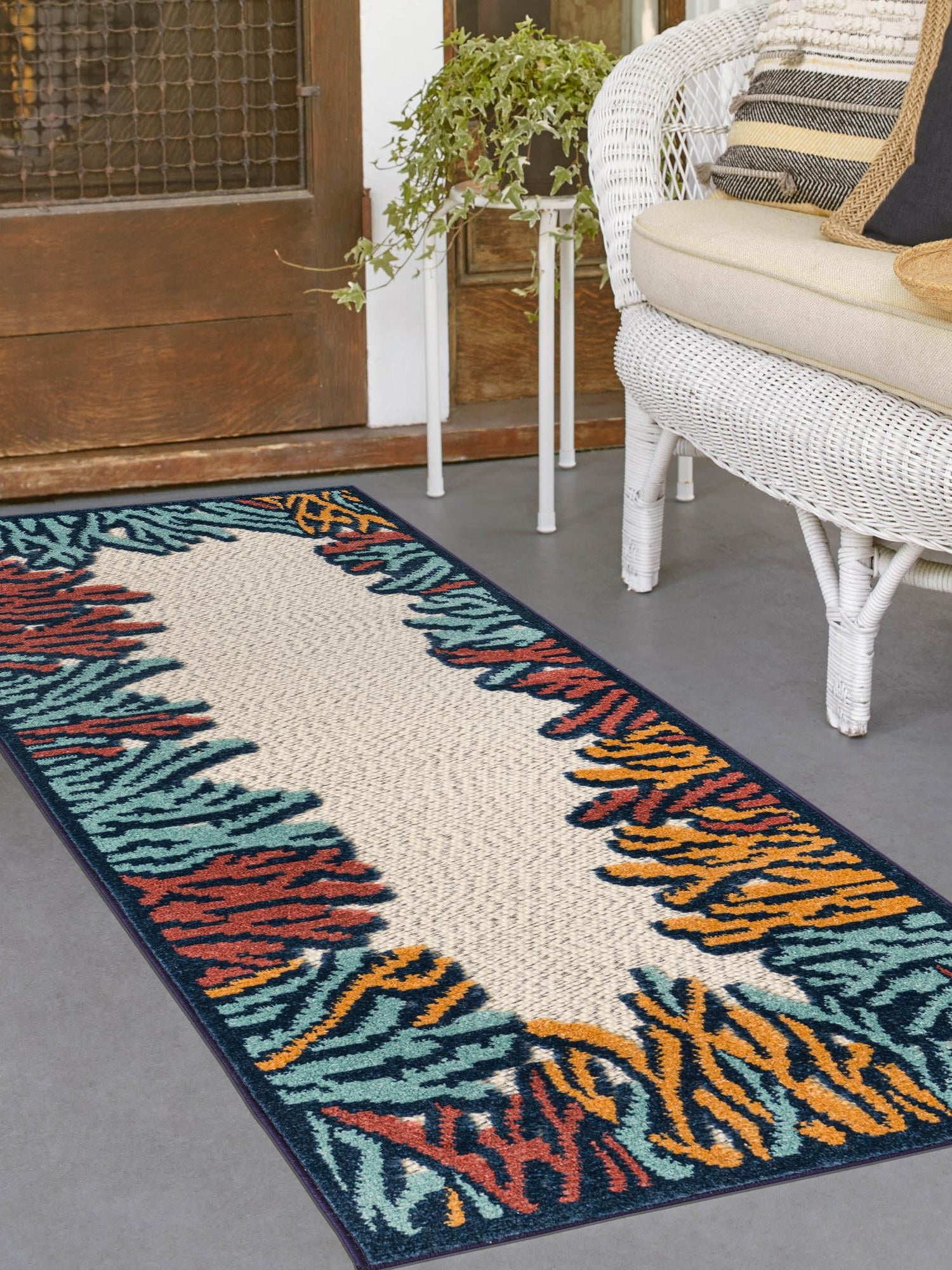 Multicolor 2' x 10' Belize Outdoor Runner Area Rug Weather Resistant for Patio, Deck, Terrace, Balcony, Porch 100% Polypropylene Colorful Fun Coastal Modern Carpet for Outside for Sale at Rug Engine