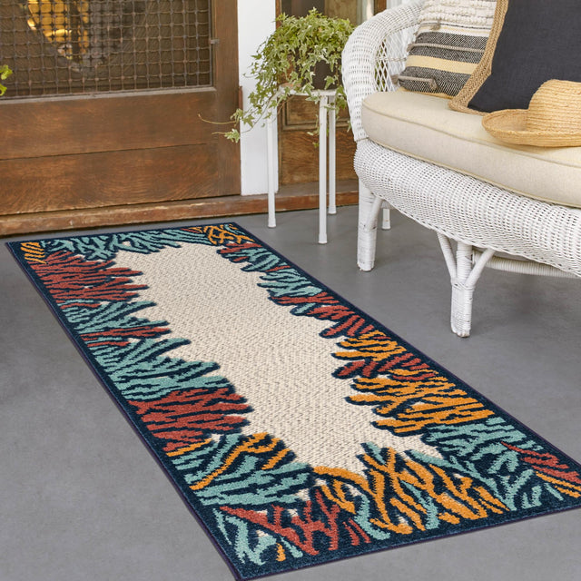 Multicolor 2' x 10' Belize Outdoor Runner Area Rug Weather Resistant for Patio, Deck, Terrace, Balcony, Porch 100% Polypropylene Colorful Fun Coastal Modern Carpet for Outside for Sale at Rug Engine