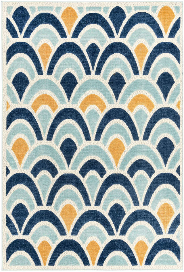 Blue 6' x 9' Belize Outdoor Rectangle Area Rug Weather Resistant for Patio, Deck, Terrace, Balcony, Porch 100% Polypropylene Colorful Fun Coastal Modern Carpet for Outside for Sale at Rug Engine