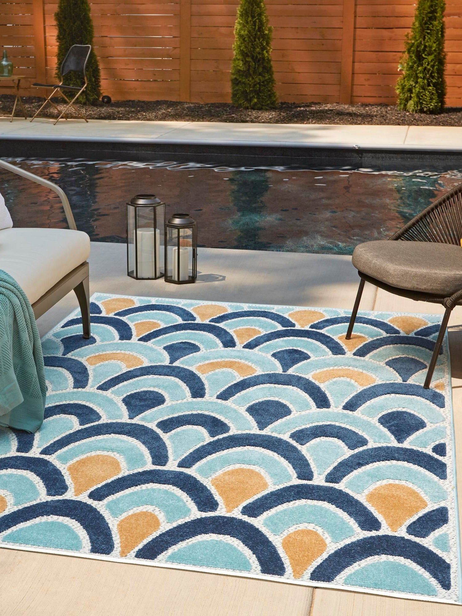 Blue 5' 3 x 8' Belize Outdoor Rectangle Area Rug Weather Resistant for Patio, Deck, Terrace, Balcony, Porch 100% Polypropylene Colorful Fun Coastal Modern Carpet for Outside for Sale at Rug Engine