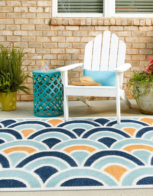 Blue 7' 10 x 7' 10 Belize Outdoor Square Area Rug Weather Resistant for Patio, Deck, Terrace, Balcony, Porch 100% Polypropylene Colorful Fun Coastal Modern Carpet for Outside for Sale at Rug Engine