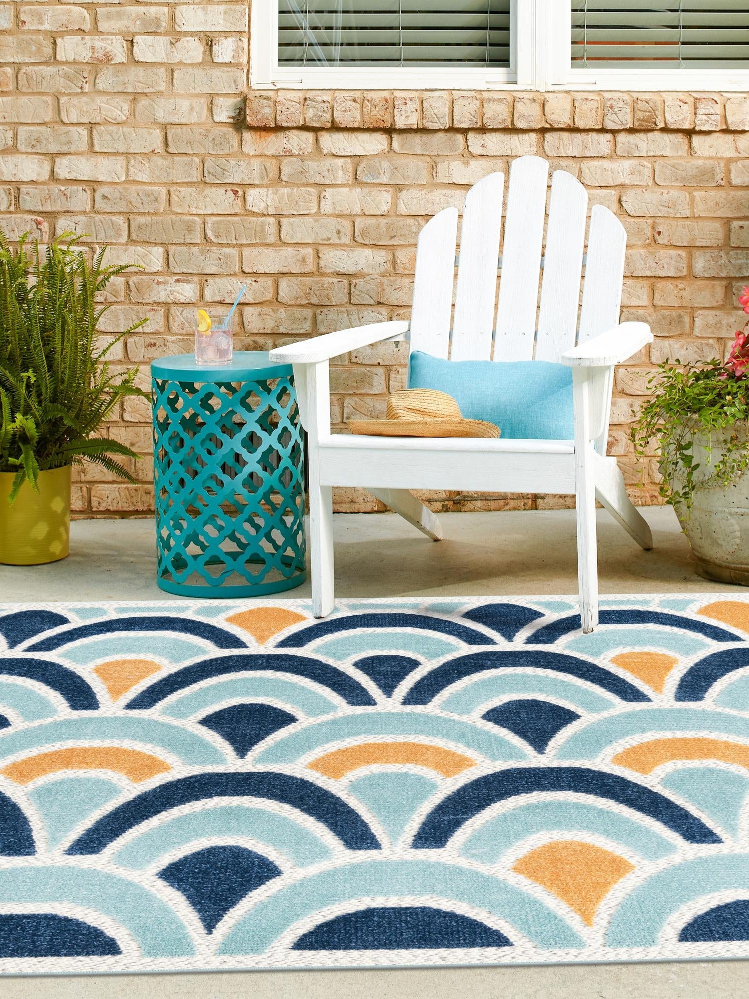 Blue 5' 3 x 5' 3 Belize Outdoor Square Area Rug Weather Resistant for Patio, Deck, Terrace, Balcony, Porch 100% Polypropylene Colorful Fun Coastal Modern Carpet for Outside for Sale at Rug Engine