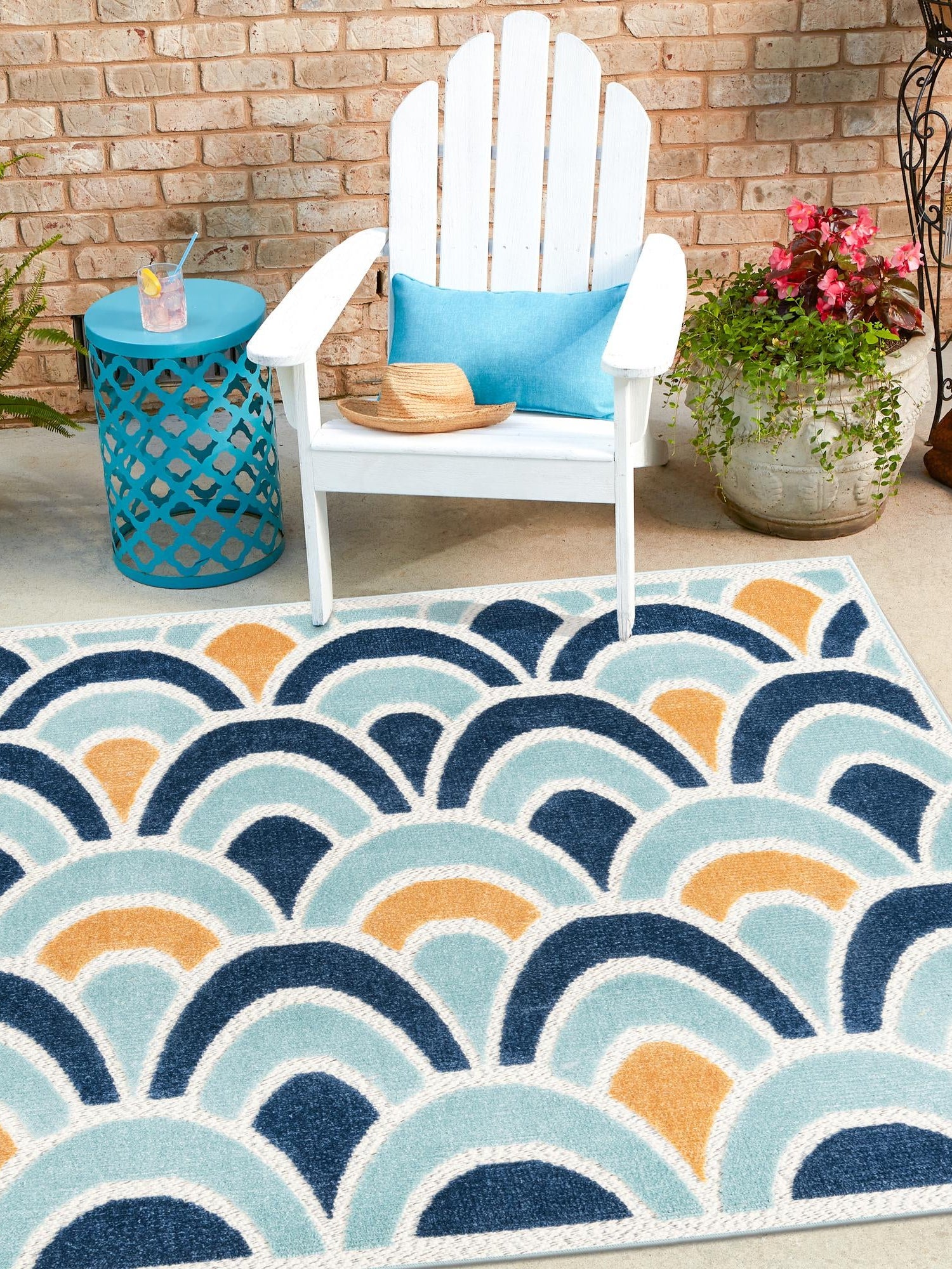 Blue 5' 3 x 5' 3 Belize Outdoor Square Area Rug Weather Resistant for Patio, Deck, Terrace, Balcony, Porch 100% Polypropylene Colorful Fun Coastal Modern Carpet for Outside for Sale at Rug Engine