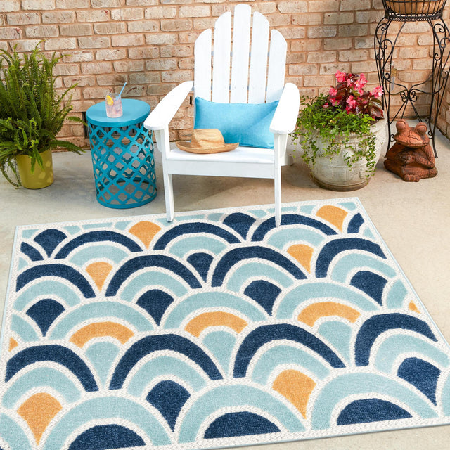 Blue 5' 3 x 5' 3 Belize Outdoor Square Area Rug Weather Resistant for Patio, Deck, Terrace, Balcony, Porch 100% Polypropylene Colorful Fun Coastal Modern Carpet for Outside for Sale at Rug Engine