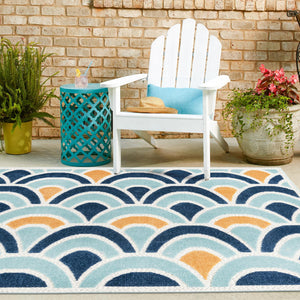 Blue 7' 10 x 7' 10 Belize Outdoor Square Area Rug Weather Resistant for Patio, Deck, Terrace, Balcony, Porch 100% Polypropylene Colorful Fun Coastal Modern Carpet for Outside for Sale at Rug Engine