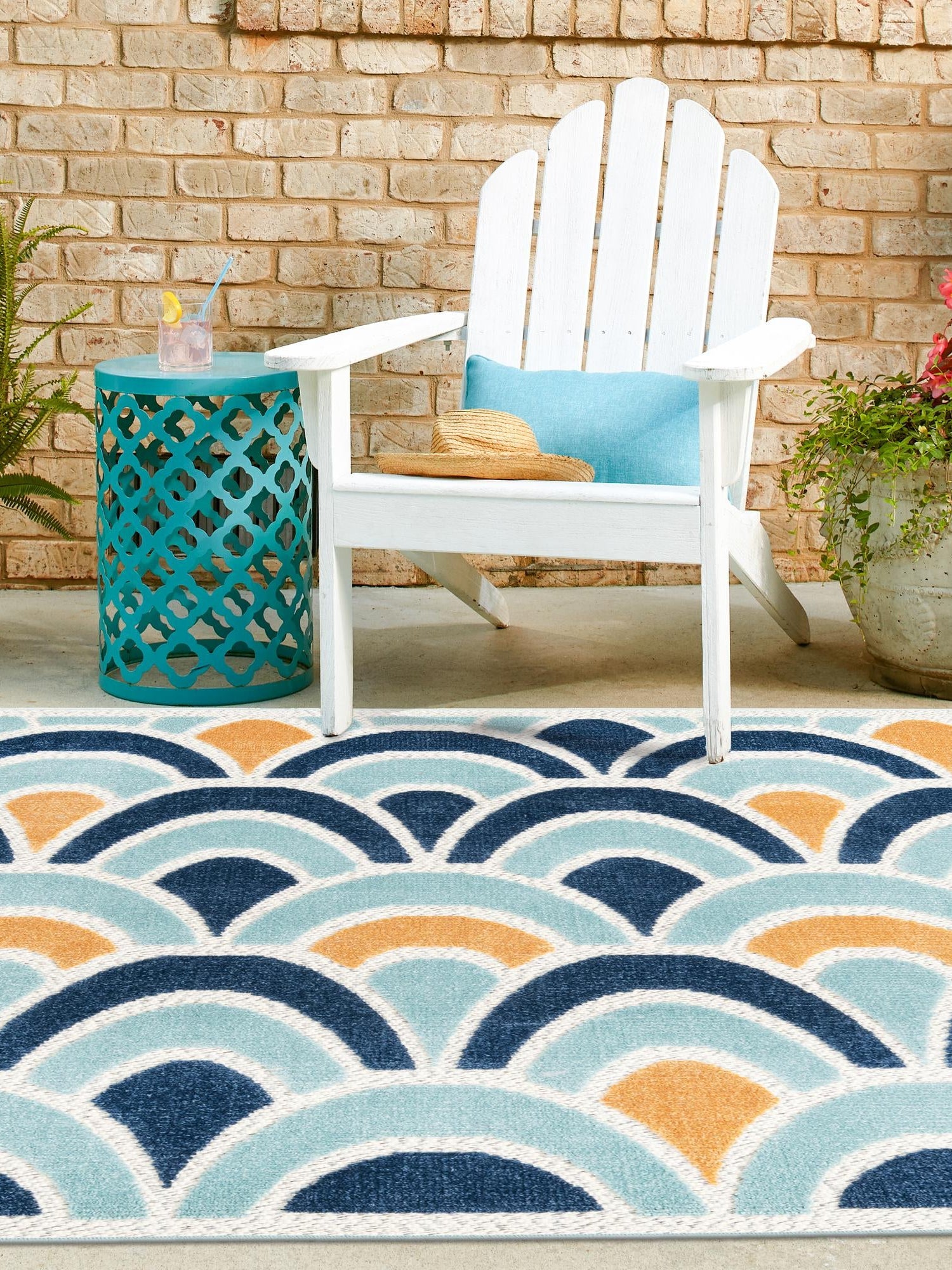 Blue 5' 3 x 5' 3 Belize Outdoor Square Area Rug Weather Resistant for Patio, Deck, Terrace, Balcony, Porch 100% Polypropylene Colorful Fun Coastal Modern Carpet for Outside for Sale at Rug Engine