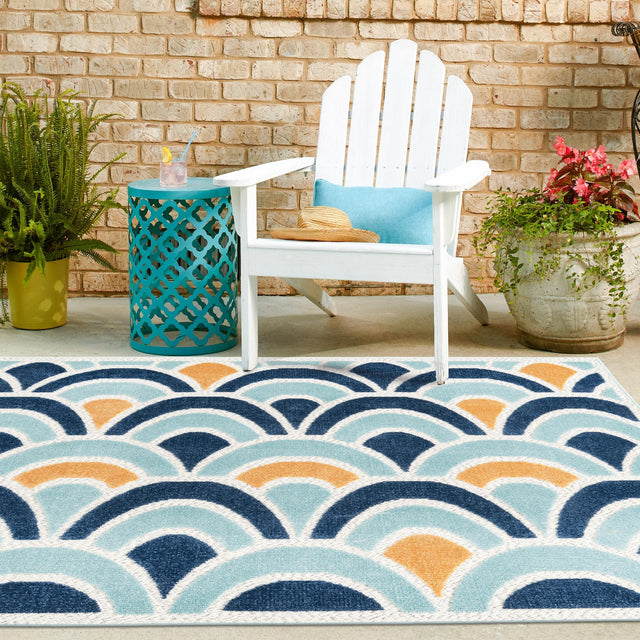 Blue 5' 3 x 5' 3 Belize Outdoor Square Area Rug Weather Resistant for Patio, Deck, Terrace, Balcony, Porch 100% Polypropylene Colorful Fun Coastal Modern Carpet for Outside for Sale at Rug Engine