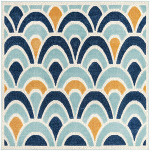 Blue 5' 3 x 5' 3 Belize Outdoor Square Area Rug Weather Resistant for Patio, Deck, Terrace, Balcony, Porch 100% Polypropylene Colorful Fun Coastal Modern Carpet for Outside for Sale at Rug Engine