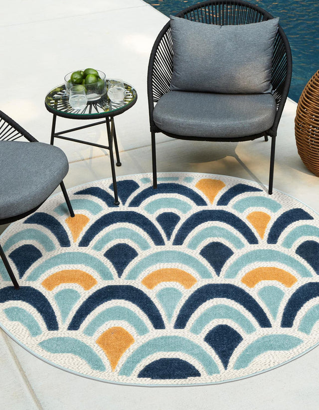 Blue 5' 3 x 5' 3 Belize Outdoor Round Area Rug Weather Resistant for Patio, Deck, Terrace, Balcony, Porch 100% Polypropylene Colorful Fun Coastal Modern Carpet for Outside for Sale at Rug Engine