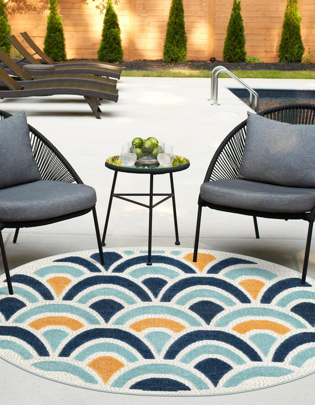 Blue 5' 3 x 5' 3 Belize Outdoor Round Area Rug Weather Resistant for Patio, Deck, Terrace, Balcony, Porch 100% Polypropylene Colorful Fun Coastal Modern Carpet for Outside for Sale at Rug Engine