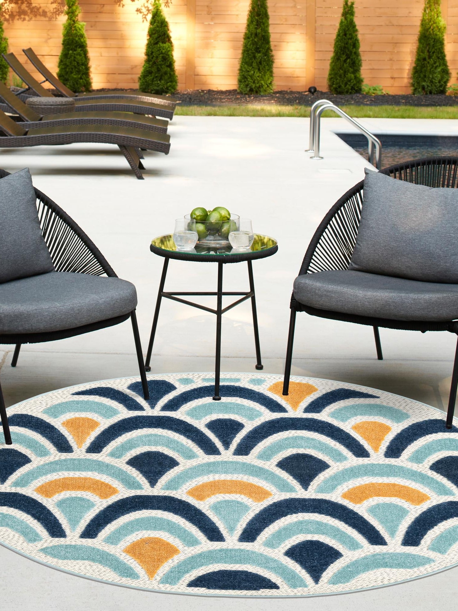 Blue 3' 3 x 3' 3 Belize Outdoor Round Area Rug Weather Resistant for Patio, Deck, Terrace, Balcony, Porch 100% Polypropylene Colorful Fun Coastal Modern Carpet for Outside for Sale at Rug Engine