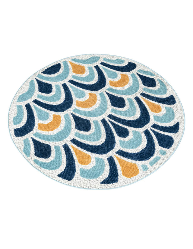Blue 5' 3 x 5' 3 Belize Outdoor Round Area Rug Weather Resistant for Patio, Deck, Terrace, Balcony, Porch 100% Polypropylene Colorful Fun Coastal Modern Carpet for Outside for Sale at Rug Engine