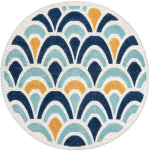 Blue 5' 3 x 5' 3 Belize Outdoor Round Area Rug Weather Resistant for Patio, Deck, Terrace, Balcony, Porch 100% Polypropylene Colorful Fun Coastal Modern Carpet for Outside for Sale at Rug Engine