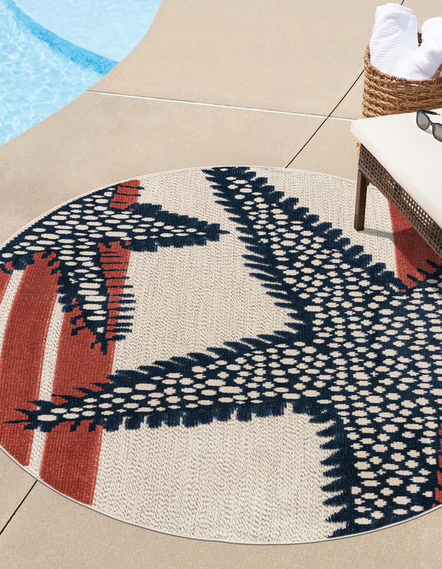 Ivory 5' 3 x 5' 3 Belize Outdoor Round Area Rug Weather Resistant for Patio, Deck, Terrace, Balcony, Porch 100% Polypropylene Colorful Fun Coastal Modern Carpet for Outside for Sale at Rug Engine