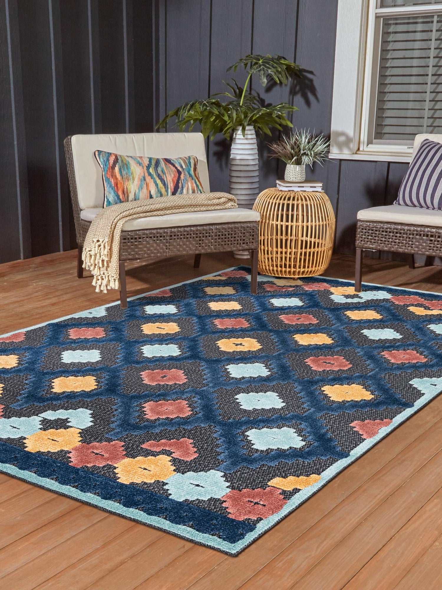 Charcoal 6' x 9' Belize Outdoor Rectangle Area Rug Weather Resistant for Patio, Deck, Terrace, Balcony, Porch 100% Polypropylene Colorful Fun Coastal Modern Carpet for Outside for Sale at Rug Engine
