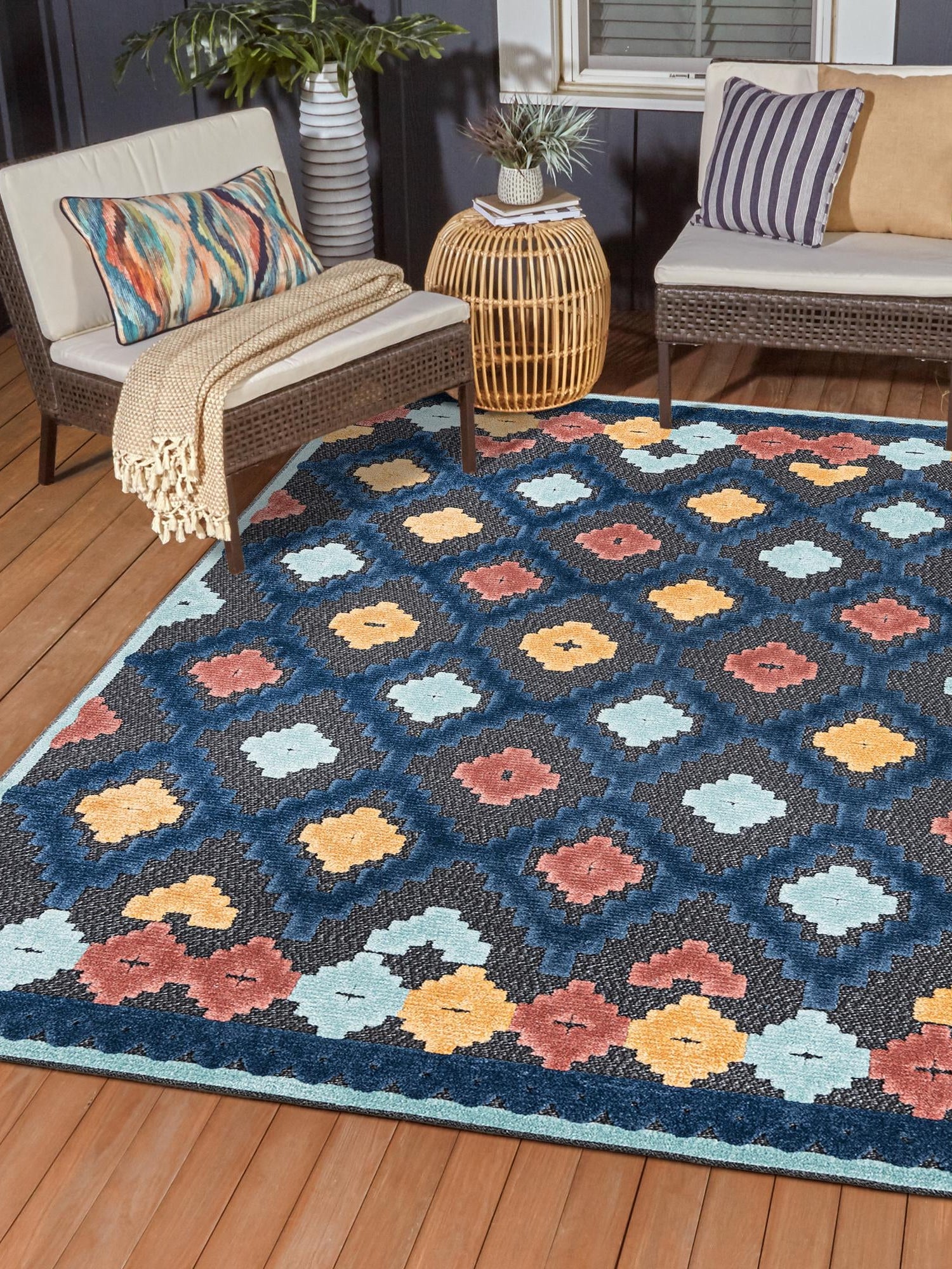 Charcoal 5' 3 x 8' Belize Outdoor Rectangle Area Rug Weather Resistant for Patio, Deck, Terrace, Balcony, Porch 100% Polypropylene Colorful Fun Coastal Modern Carpet for Outside for Sale at Rug Engine