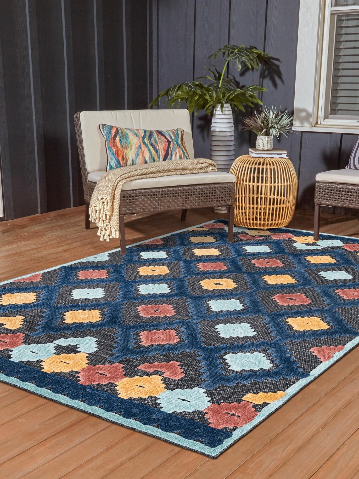 Charcoal 4' x 6' Belize Outdoor Rectangle Area Rug Weather Resistant for Patio, Deck, Terrace, Balcony, Porch 100% Polypropylene Colorful Fun Coastal Modern Carpet for Outside for Sale at Rug Engine